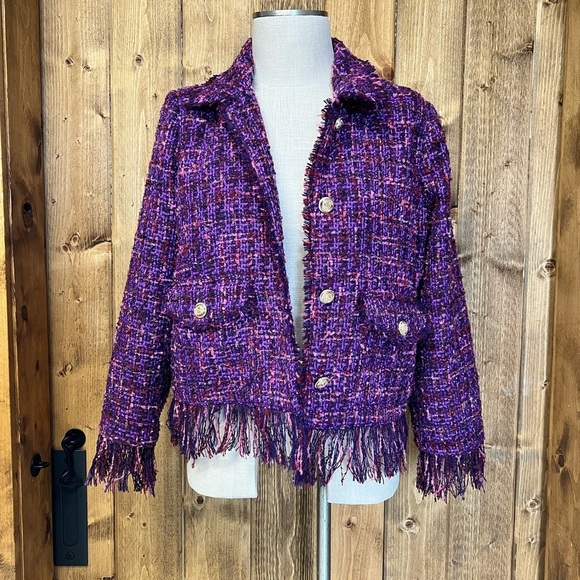 NWT Chicos 1 Medium Purple Fringe Blazer jacket Metallic Tweed Office Corpcore - Picture 5 of 13